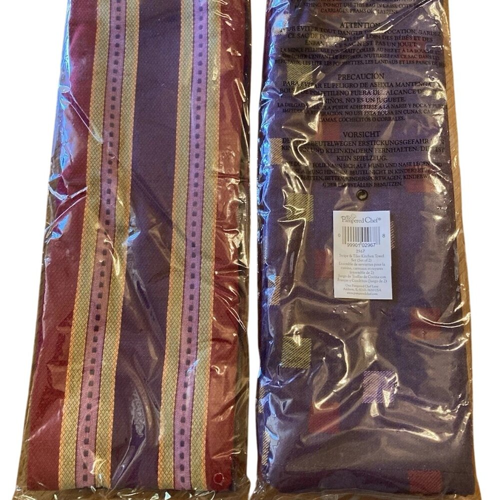 Retired The Pampered Chef stripes &Tiles Kitchen Towels Set of 2 - 100% Cotton